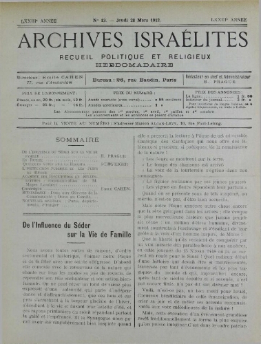 Archives israélites de France. Vol.73 N°13 (28 mars 1912)